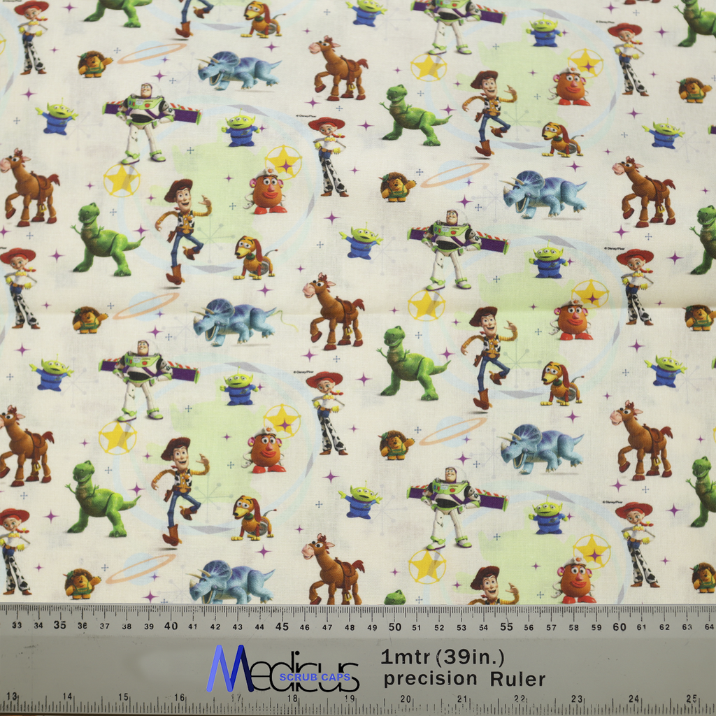 The Disney Pixar Toy Story 3 On Mashup Green Scrub Cap by Medicus Scrub Caps features beloved characters like Buzz, Woody, and Rex, plus a 1-meter precision ruler.