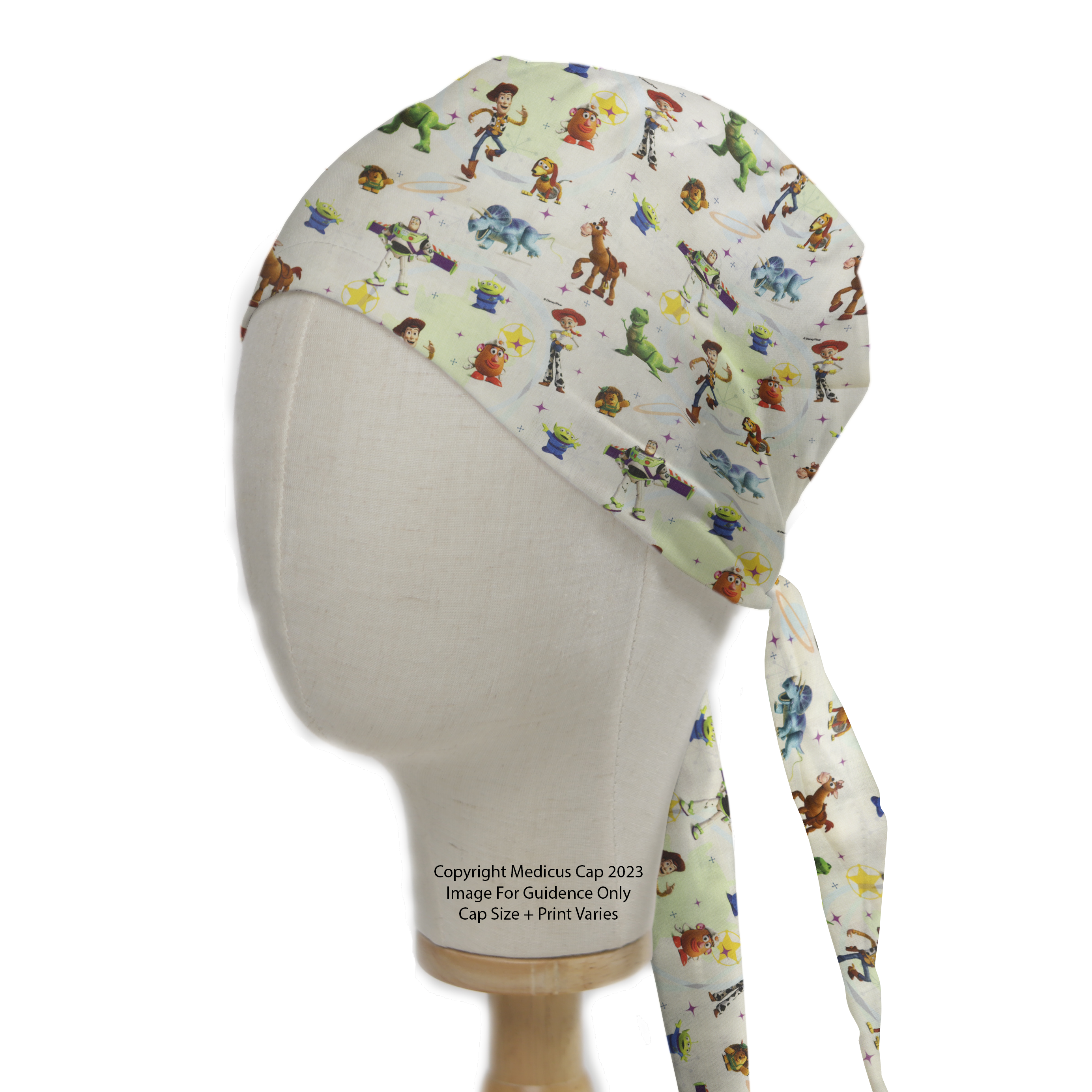 Side view of a mannequin wearing a Medicus Scrub Cap in Disney Pixar Toy Story 3 On Mashup Green design, featuring beloved characters. Ties at the back.
