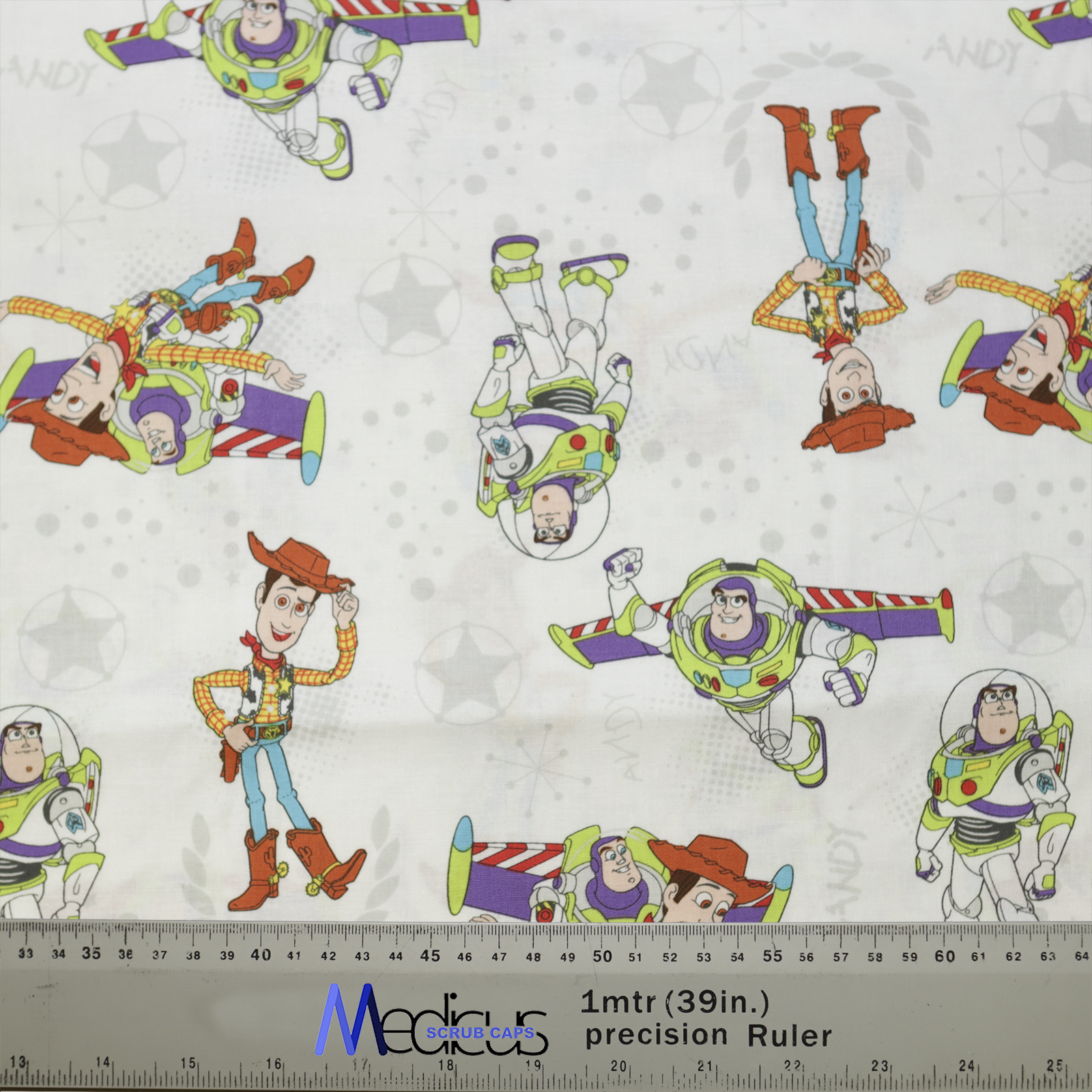 The Disney Pixar Toy Story Buzz Woody Flying White Scrub Cap by Medicus Scrub Caps features Buzz and Woody against a starry backdrop, with a measuring ruler.