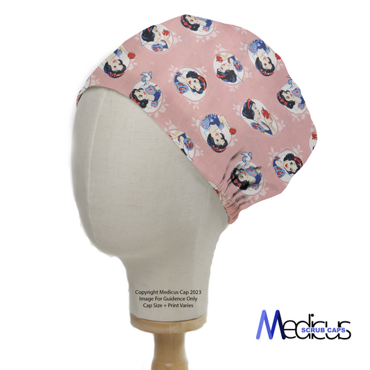 Disney Princess Snow White on Pink Scrub Cap from Medicus Scrub Caps, featuring a charming Snow White pattern on a soft pink background.