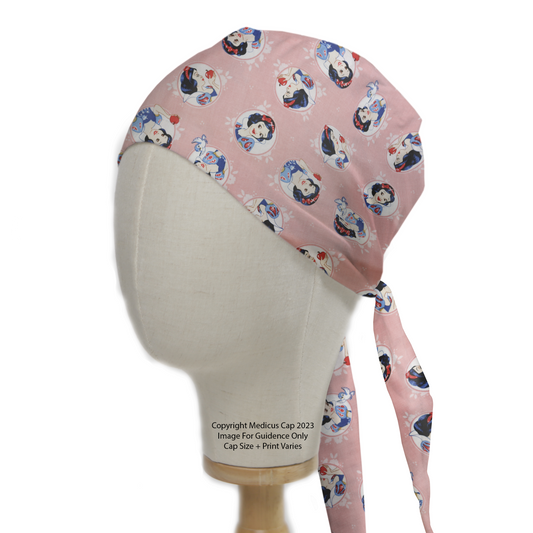 Disney Princess Snow White On Pink Scrub Cap from Medicus Scrub Caps, featuring a charming Snow White pattern on a soft pink background.