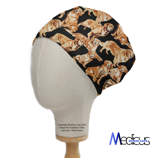 The Golden Retriever Scrub Cap by Medicus Scrub Caps showcases playful puppies on black fabric, blending style and function. Displayed on a mannequin for reference.