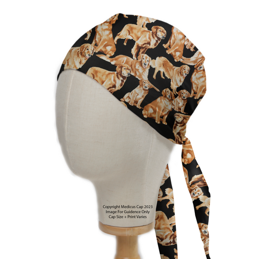 The Medicus Scrub Caps Golden Retriever Scrub Cap showcases a delightful golden retriever pattern on black, bringing canine charm to your professional attire.