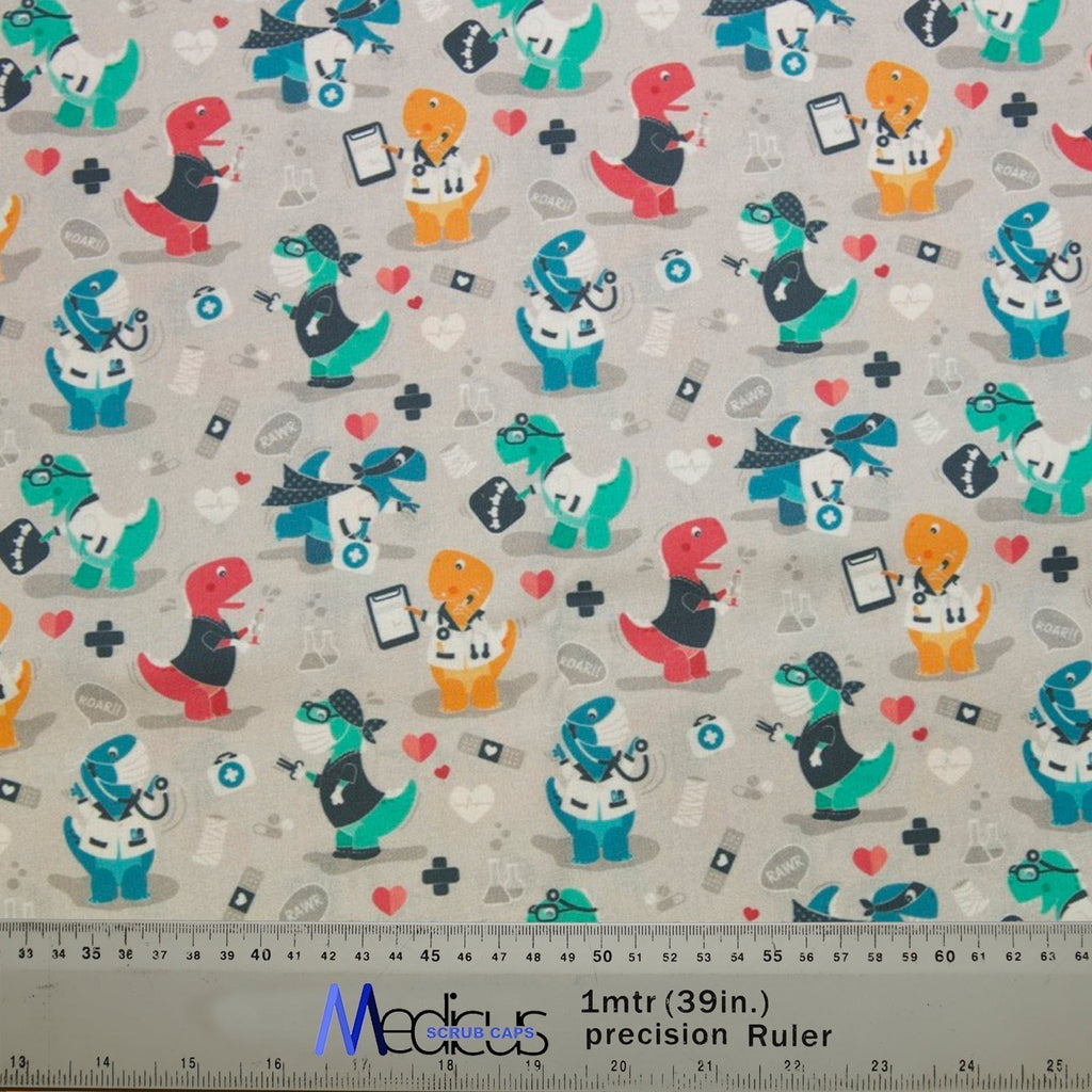 Dr Dinosaurs Scrub Cap from Medicus Scrub Caps, featuring colorful dinosaurs dressed as doctors on a light background with medical-themed icons.