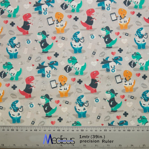Dr Dinosaurs Scrub Cap from Medicus Scrub Caps, featuring colorful dinosaurs dressed as doctors on a light background with medical-themed icons.