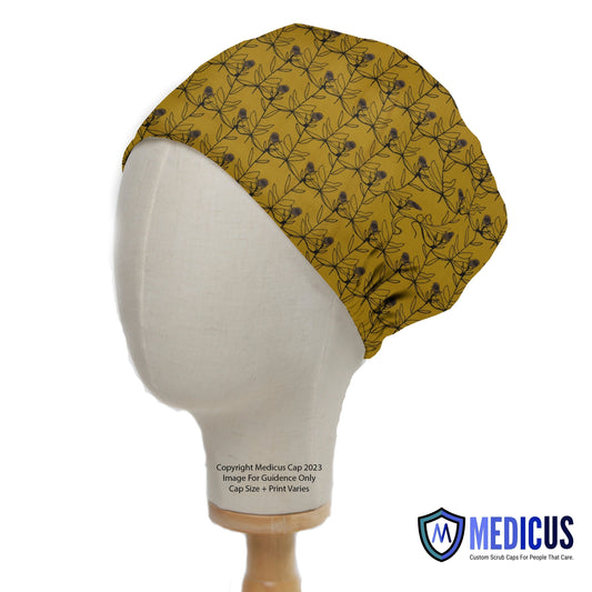 Flowers On Mustard Scrub Cap from Medicus Scrub Caps. A mustard-colored scrub cap featuring a delicate floral pattern, designed for comfort and style in medical settings.