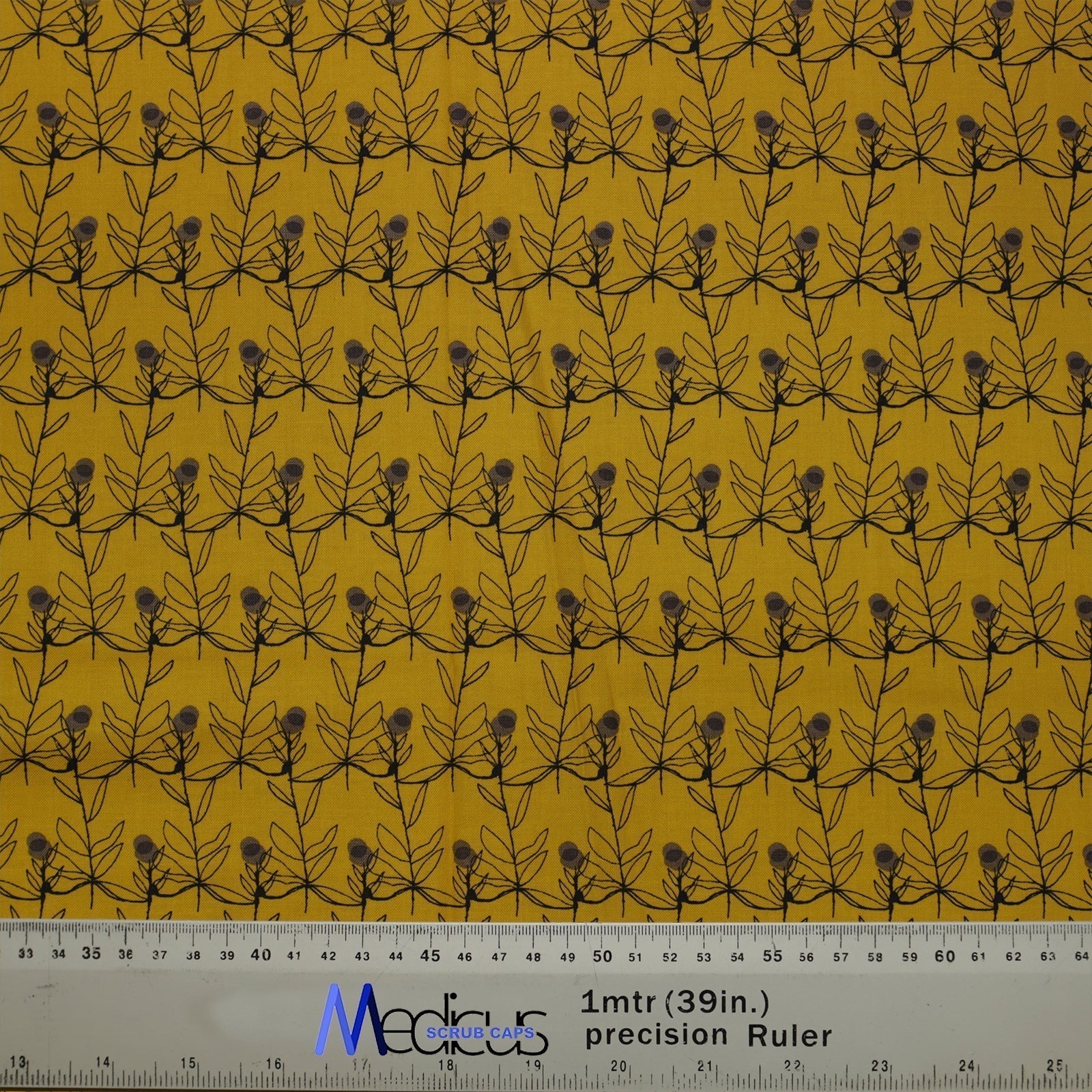 Flowers On Mustard Scrub Cap from Medicus Scrub Caps, featuring a botanical pattern on a mustard-yellow fabric.