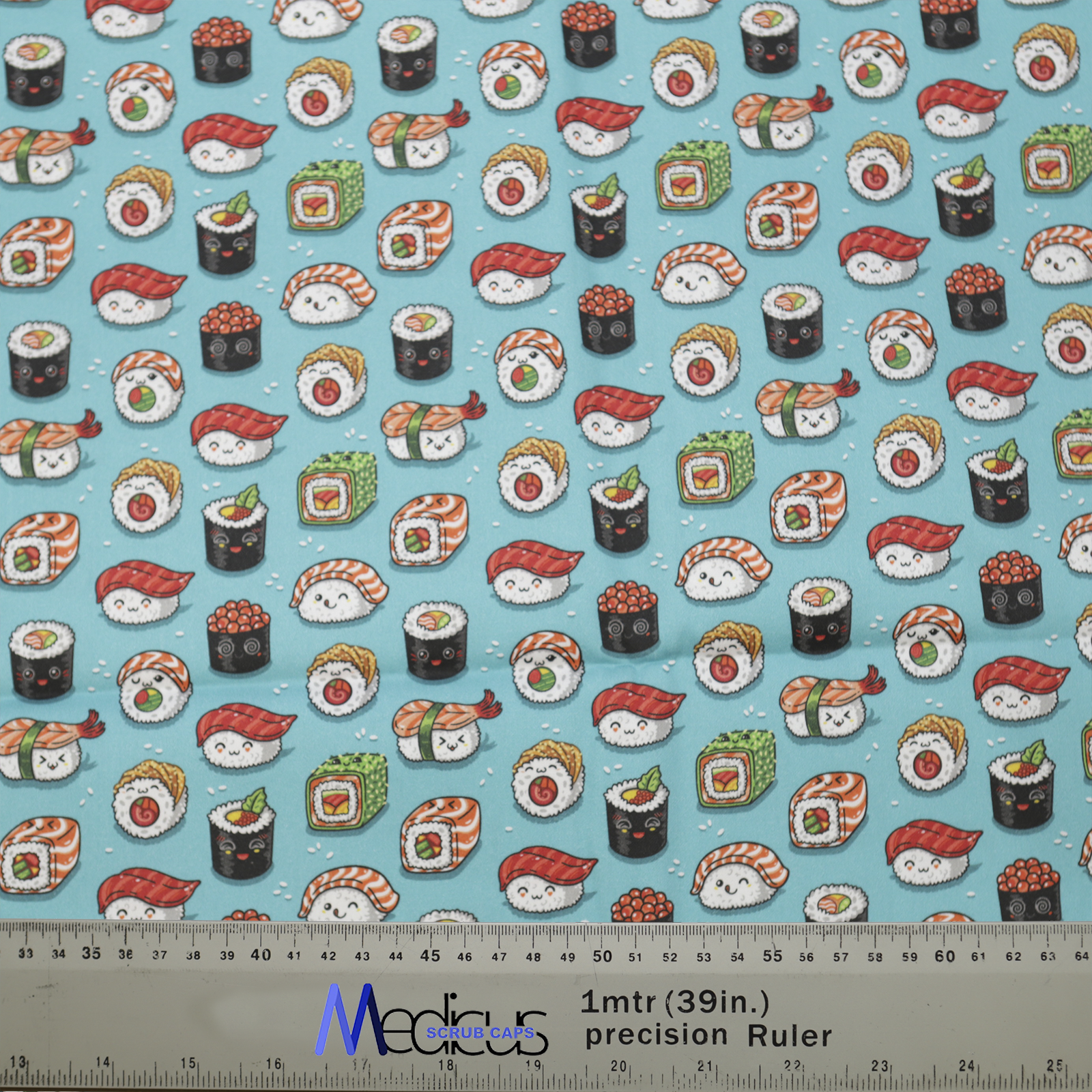 The Food Kawaii Sushi Scrub Cap by Medicus Scrub Caps features adorable sushi illustrations on a blue fabric, perfect for healthcare professionals who love fun, stylish designs.