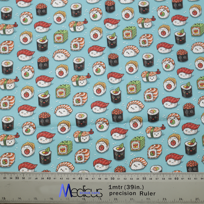 The Food Kawaii Sushi Scrub Cap by Medicus Scrub Caps features adorable sushi illustrations on a blue fabric, perfect for healthcare professionals who love fun, stylish designs.