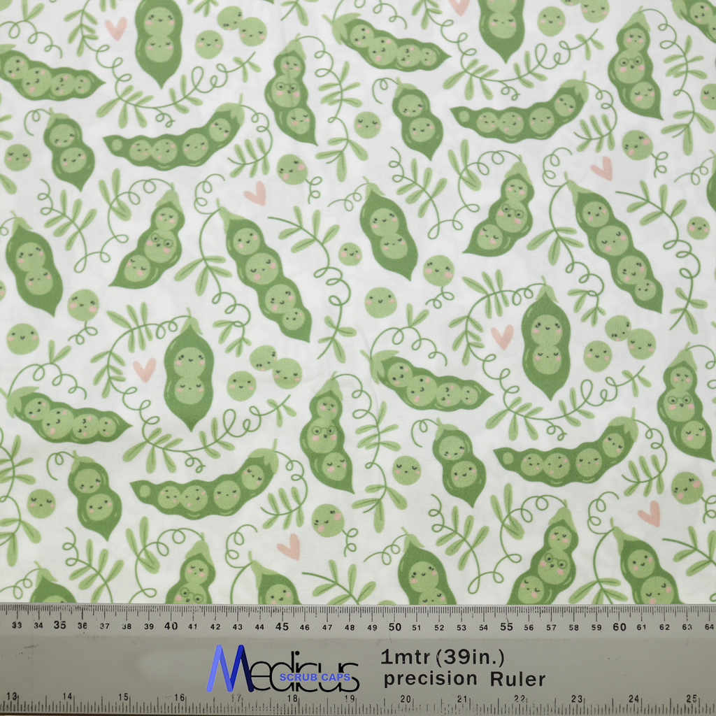 Food Peas In Pod Scrub Cap from Medicus Scrub Caps, featuring a playful green pea pod pattern on a white background with smiling peas.