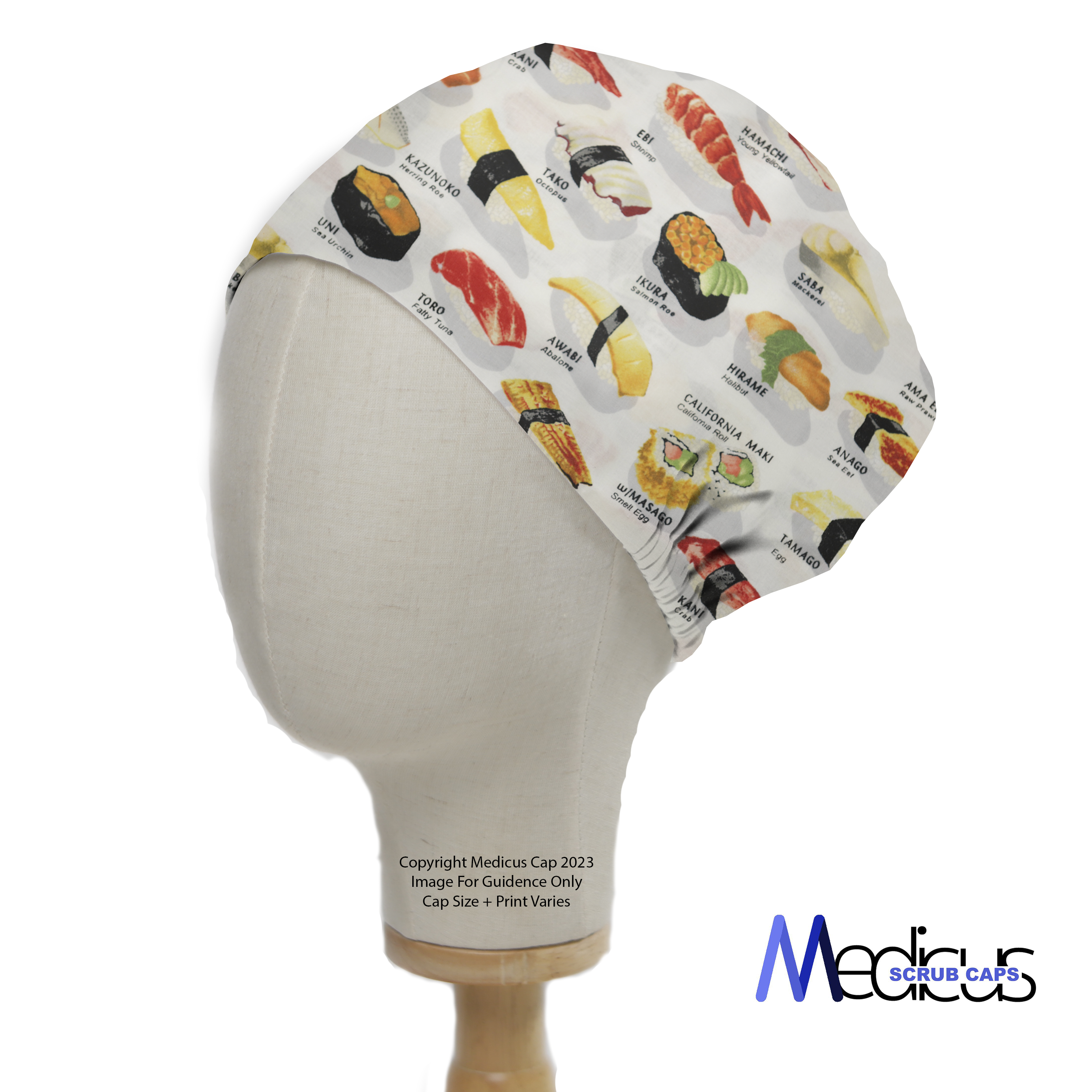 A mannequin head displays the Food Sushi Menu Scrub Cap by Medicus Scrub Caps, featuring colorful sushi illustrations. Stylish, eco-friendly, and ideal for healthcare professionals.