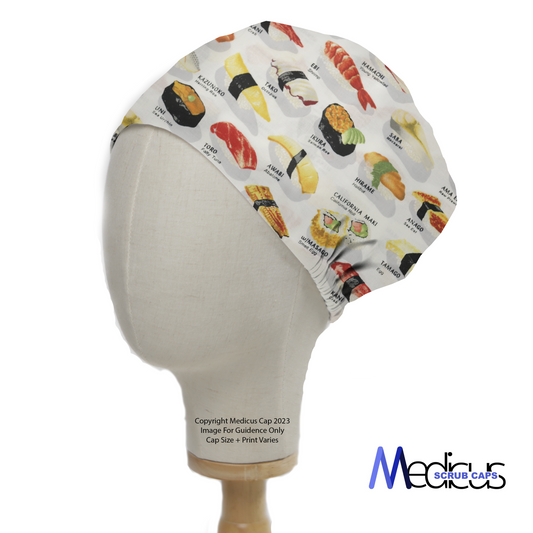 A mannequin head displays the Food Sushi Menu Scrub Cap by Medicus Scrub Caps, featuring colorful sushi illustrations. Stylish, eco-friendly, and ideal for healthcare professionals.