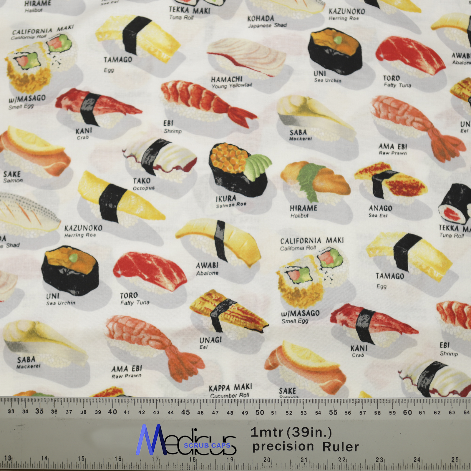 The Medicus Scrub Caps Food Sushi Menu scrub cap showcases a colorful sushi-themed pattern with labeled rolls and nigiri, designed for healthcare professionals. Ruler for scale included.