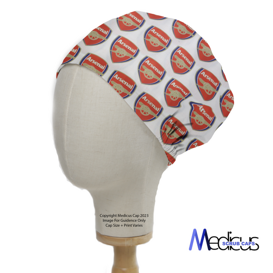 The Football Club Arsenal Scrub Cap by Medicus Scrub Caps features a red and white design with the Arsenal crest, modeled on a mannequin head.