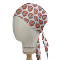 A mannequin head wears a Football Club Arsenal Scrub Cap by Medicus Scrub Caps, featuring red and white Arsenal logos with a tie-back design for adjustability.