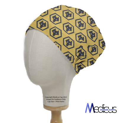 The Football Club Wolverhampton Scrub Cap from Medicus Scrub Caps features a bold yellow and black geometric pattern, modeled on a mannequin head for display.
