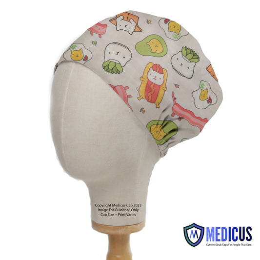 A side view of a Medicus Scrub Cap featuring cute cats dressed as food, including sandwiches and hot dogs. Eco-friendly and stylish for healthcare professionals.