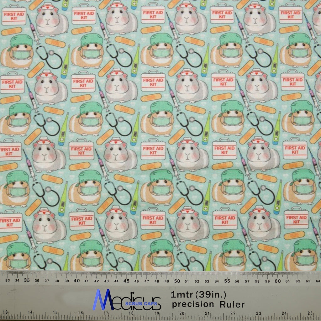 Guinea Pig Doctors First Aid Scrub Cap from Medicus Scrub Caps, featuring guinea pigs in medical gear with first aid kits, bandages, and stethoscopes on a light blue background.