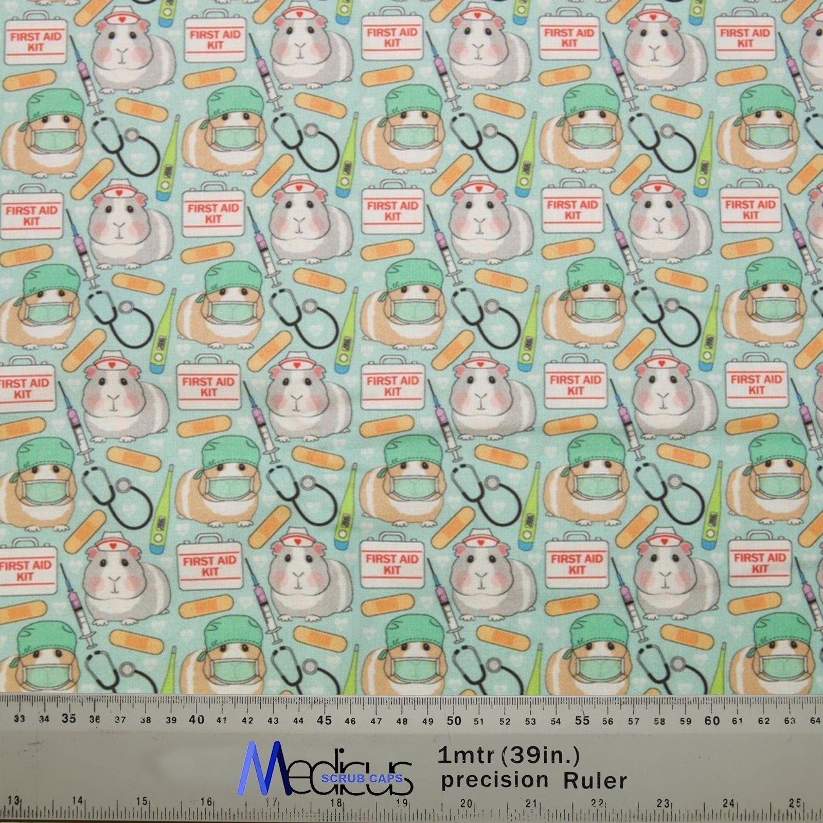Guinea Pig Doctors First Aid Scrub Cap from Medicus Scrub Caps, featuring guinea pigs in medical gear with first aid kits, bandages, and stethoscopes on a light blue background.