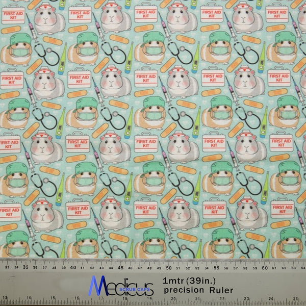 Guinea Pig Doctors First Aid Scrub Cap from Medicus Scrub Caps, featuring guinea pigs in medical gear with first aid kits, bandages, and stethoscopes on a light blue background.