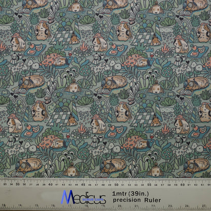 Eco-friendly Guinea Pig Wild Life Scrub Cap fabric by Medicus Scrub Caps, featuring guinea pigs among plants, mushrooms, and ponds in green, brown, and blue hues.