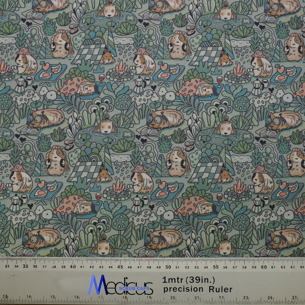 Eco-friendly Guinea Pig Wild Life Scrub Cap fabric by Medicus Scrub Caps, featuring guinea pigs among plants, mushrooms, and ponds in green, brown, and blue hues.