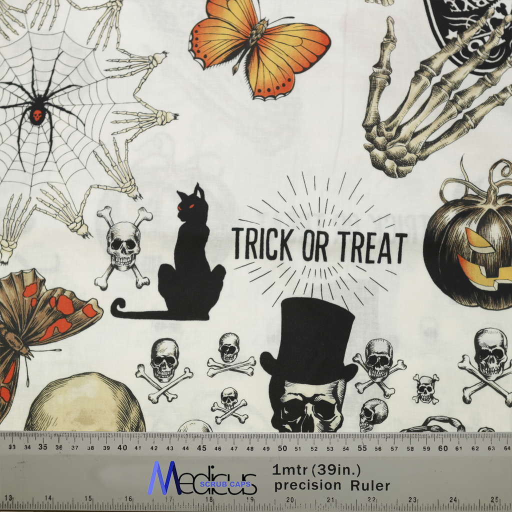 Medicus Scrub Caps Halloween Trick Or Treat Large Scrub Caps with spooky skulls, black cats, pumpkins, spider webs, and skeleton hands—perfect for festive medical wear.