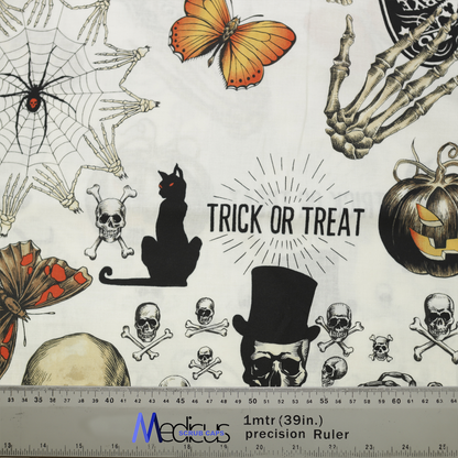 Medicus Scrub Caps Halloween Trick Or Treat Large Scrub Caps with spooky skulls, black cats, pumpkins, spider webs, and skeleton hands—perfect for festive medical wear.