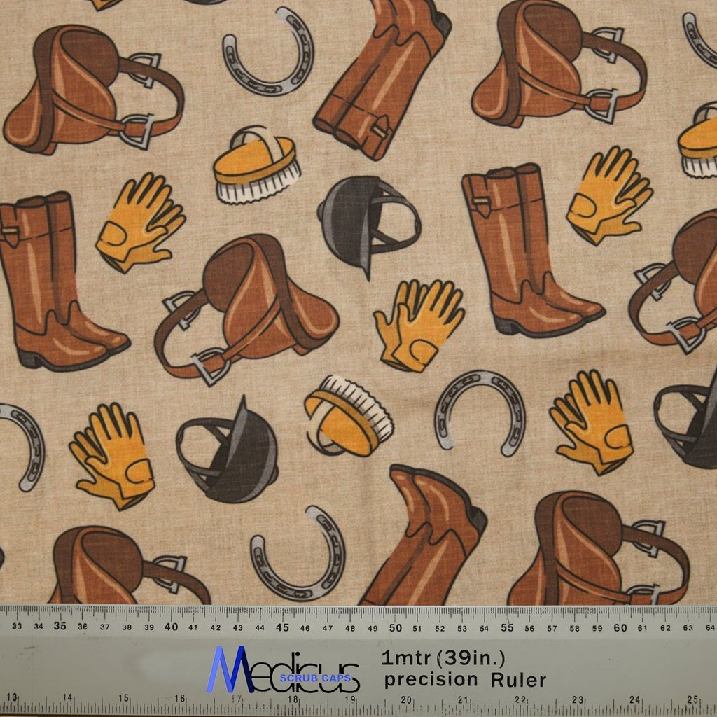 Horse Accessories Equestrian Scrub Cap from Medicus Scrub Caps, featuring a beige background with saddles, riding boots, gloves, helmets, brushes, and horseshoes.