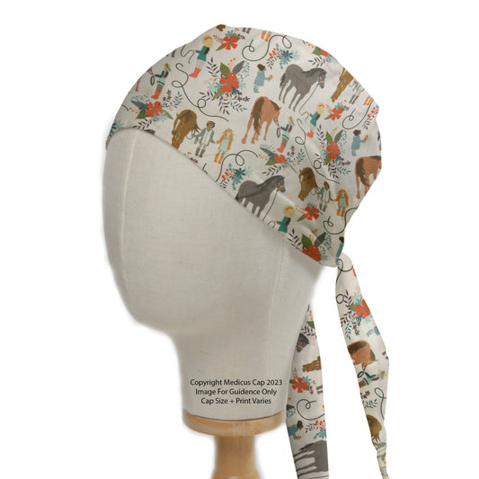 A mannequin displays the Medicus Scrub Caps Horse + Handler Scrub Cap, featuring horse-themed prints with florals. Sustainable with long ties for an adjustable fit.