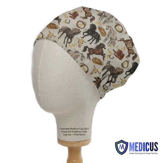 Mannequin head wearing the Horses Run Wild With Accessories scrub cap by Medicus Scrub Caps, featuring a horse-themed print with horses, horseshoes, and leaves on a light background.