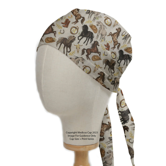 The Horses Run Wild scrub cap by Medicus Scrub Caps features galloping horses, horseshoes, and western-themed elements on a neutral background, perfect for healthcare professionals.