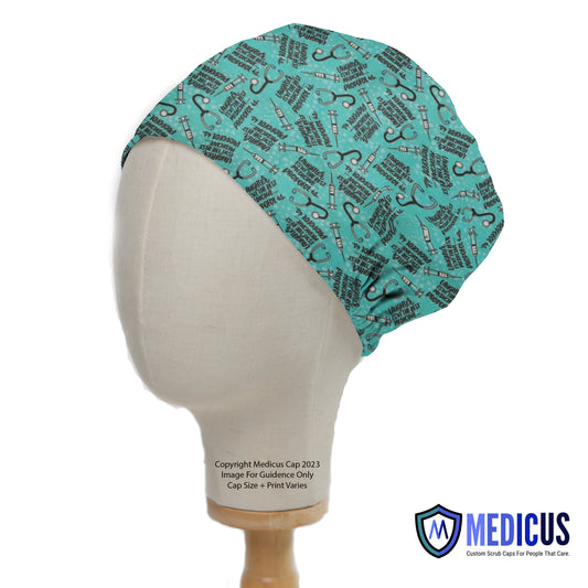 Medicus "Laughter Isn't the Best Medicine" scrub cap with stethoscope and syringe pattern on a teal background. Custom scrub caps for healthcare professionals.