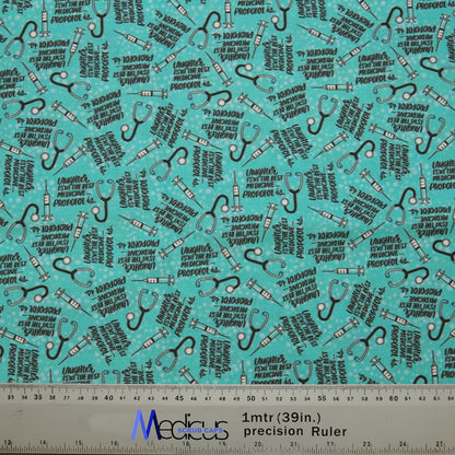 Teal Medicus Scrub Cap fabric with syringes, stethoscopes, and text: "Laughter isn’t the best medicine—Propofol is." Playful anesthesiology-themed design.