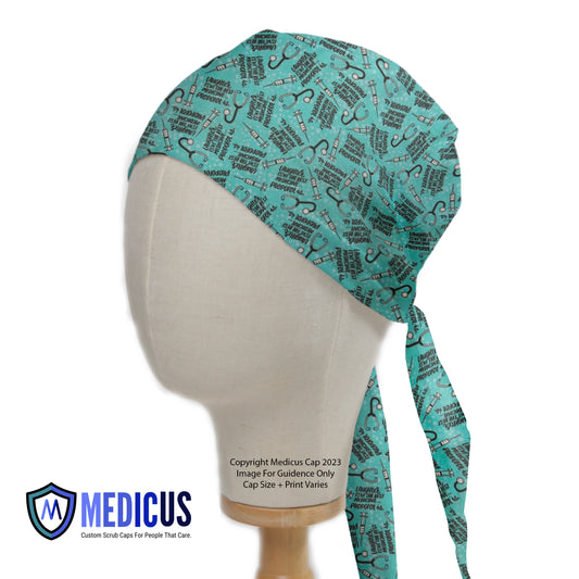 Medicus "Laughter Isn't the Best Medicine" scrub cap with a turquoise medical-themed pattern featuring syringes, stethoscopes, and humorous text.