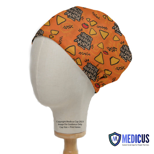 The Nacho Average Nurse scrub cap by Medicus Scrub Caps features a fun tortilla chip pattern, designed for comfort and style, displayed on a mannequin head.