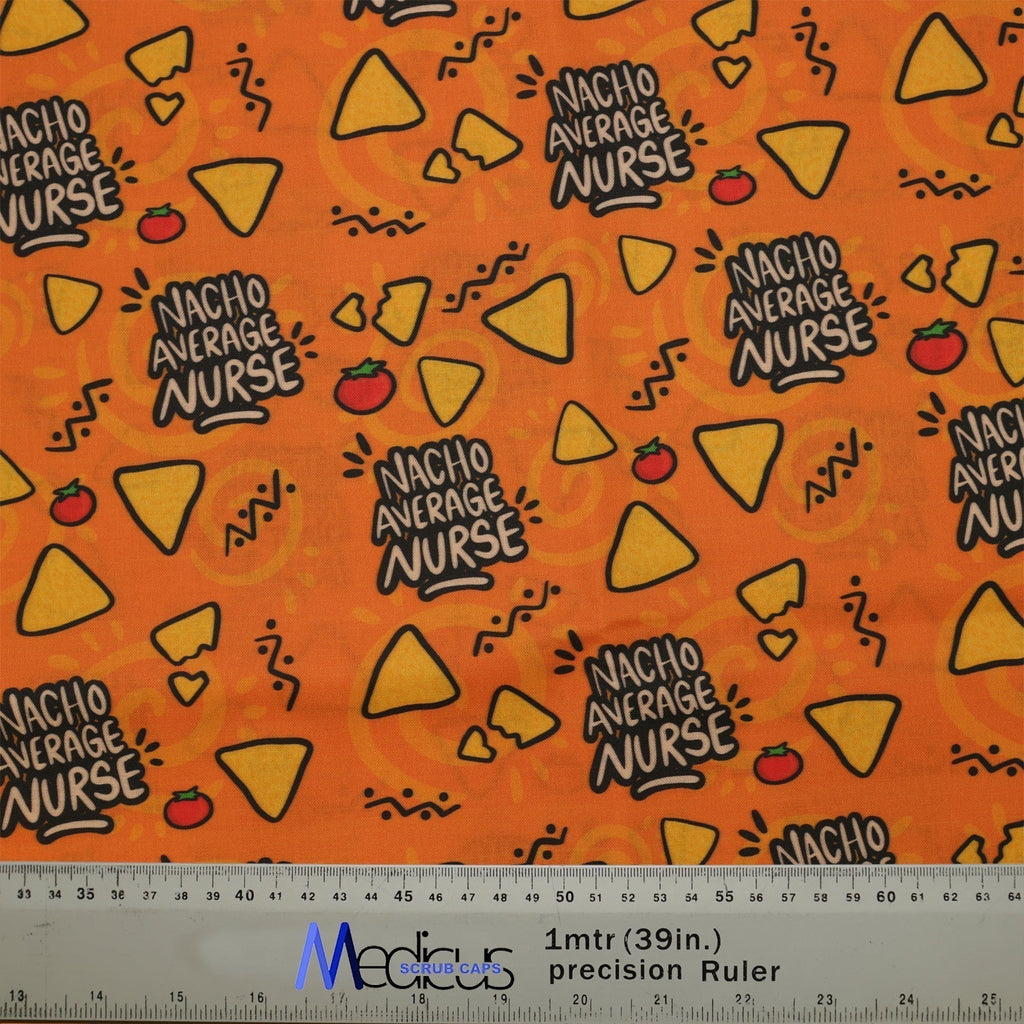 The Nacho Average Nurse Scrub Cap by Medicus Scrub Caps features a vibrant orange fabric with nacho chips, tomatoes, and playful text, combining fun and function.