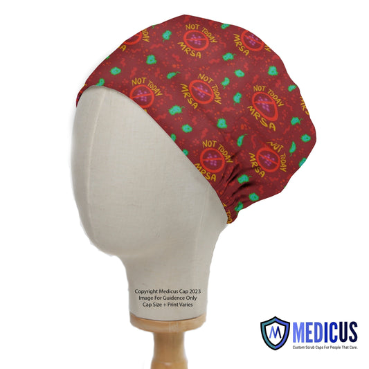 Not Today MRSA Scrub Cap from Medicus Scrub Caps, featuring a red microbial pattern with bold lettering. Functional, stylish headwear for healthcare professionals.