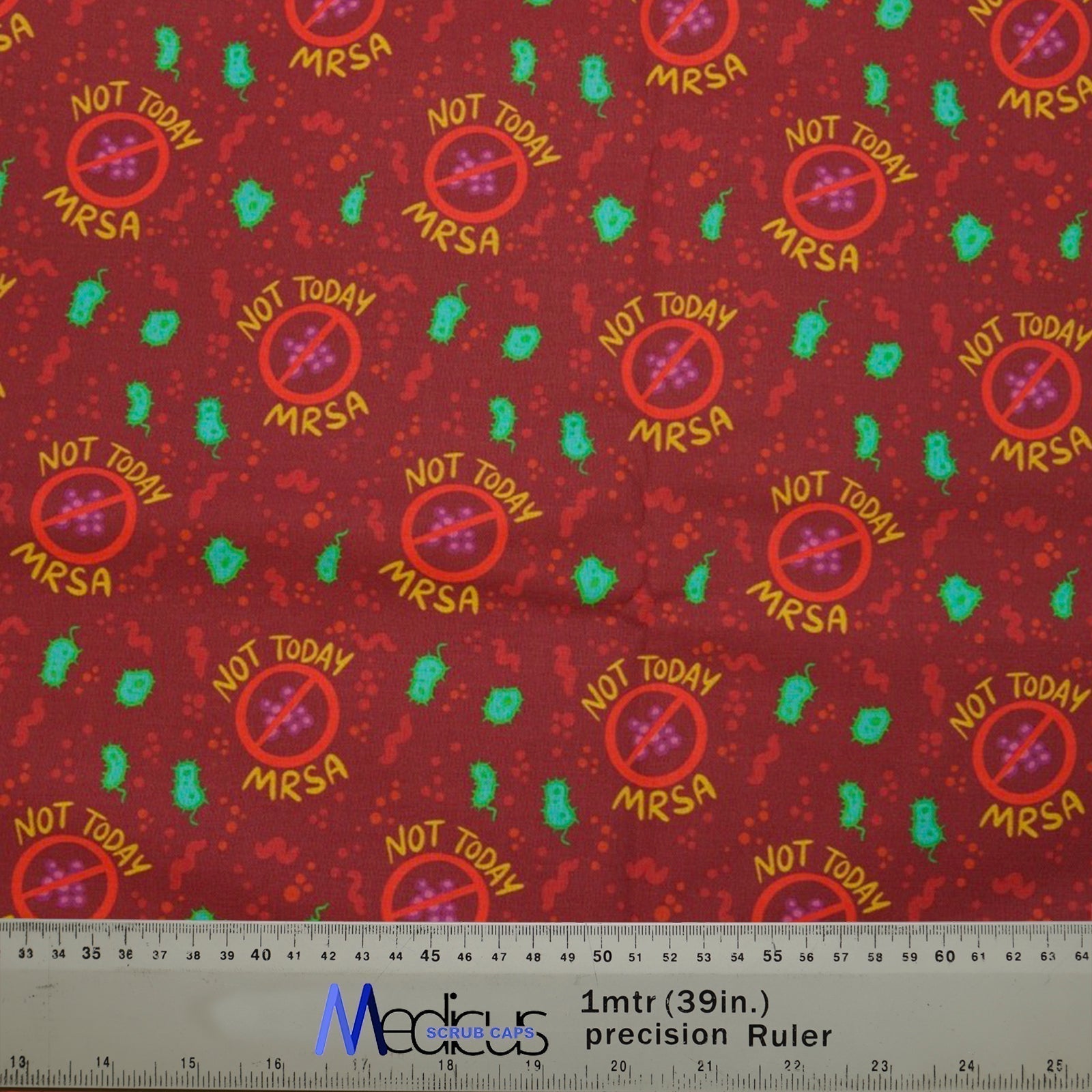 Not Today MRSA Scrub Cap from Medicus Scrub Caps, featuring a red background with bacteria and "Not Today MRSA" symbols.