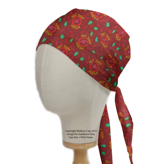 Not Today MRSA Scrub Cap from Medicus Scrub Caps, featuring a microbial pattern on a red background with bold text.