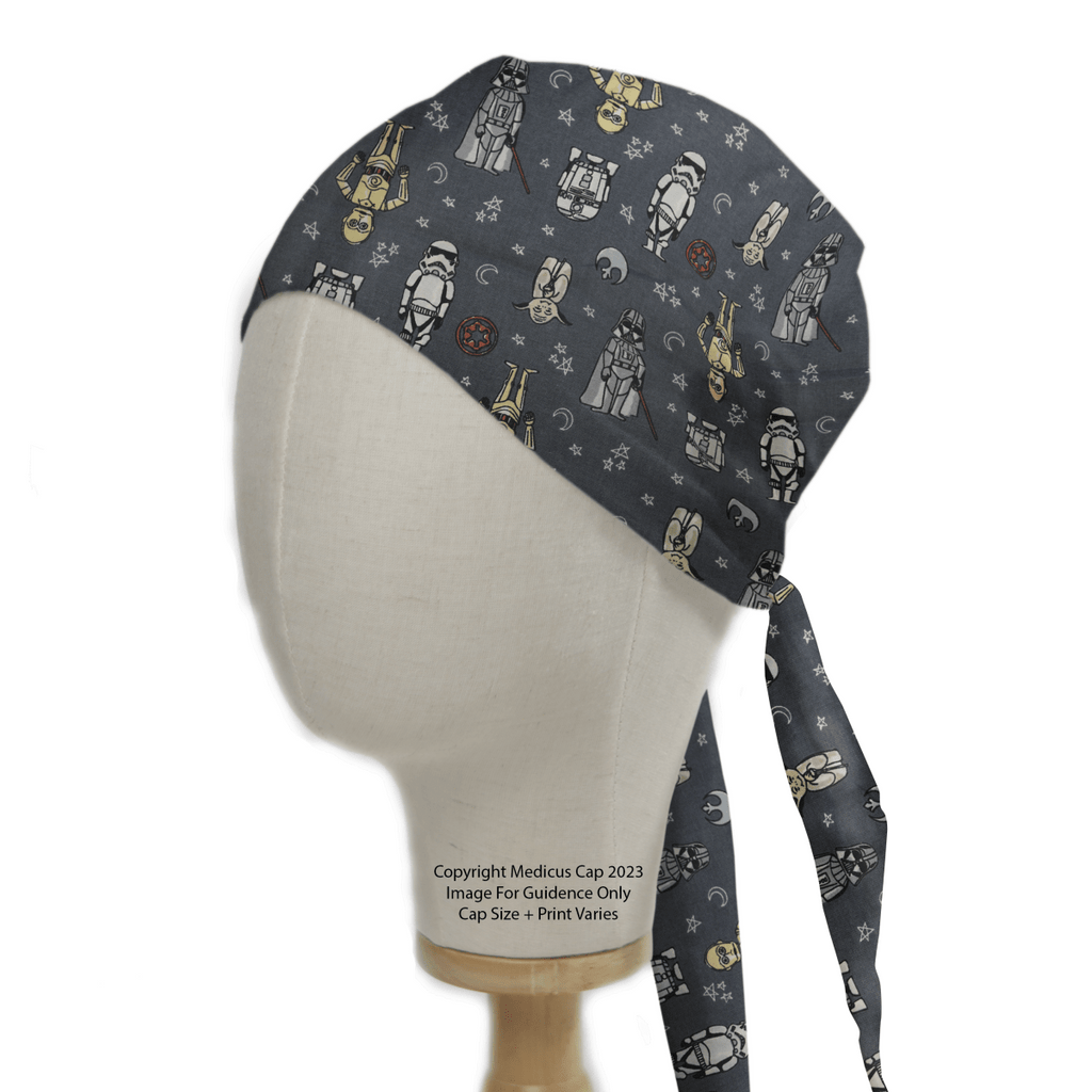 A Star Wars-themed grey scrub cap by Medicus Scrub Caps, featuring characters, stars, and planets, displayed on a mannequin head for a cosmic touch.