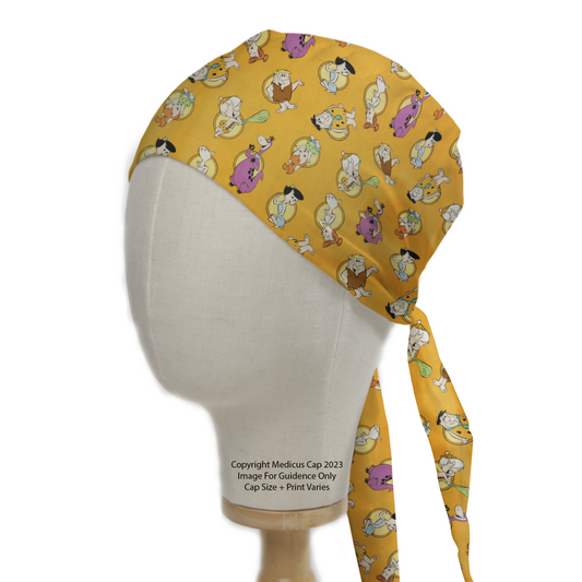 TV Cartoon Flintstones Characters On Orange Scrub Cap from Medicus Scrub Caps, featuring a playful pattern on a tie-back medical cap.