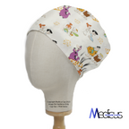 The TV Cartoon Flintstones Wild Scrub Cap by Medicus Scrub Caps features colorful Flintstones characters and text on a mannequin head, combining nostalgia with comfort.