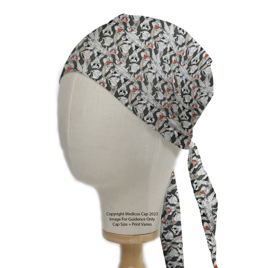 A mannequin head displays the Medicus Scrub Caps TV Cartoon Looney Tunes Bugs Bunny Scrub Cap, featuring a playful pattern with Bugs Bunny on a dark background.