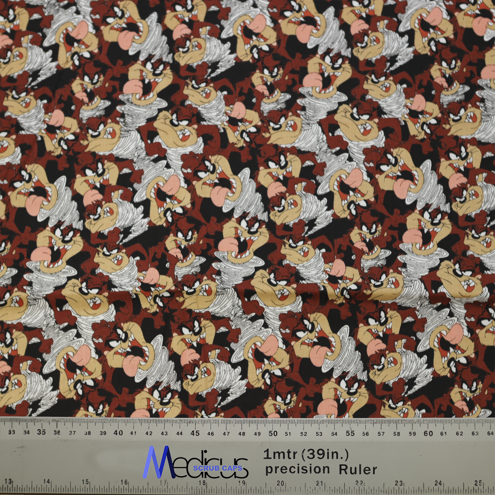 TV Cartoon Looney Tunes Tasmanian Devil Scrub Cap from Medicus Scrub Caps, featuring a lively pattern of Taz in action on a dark background.