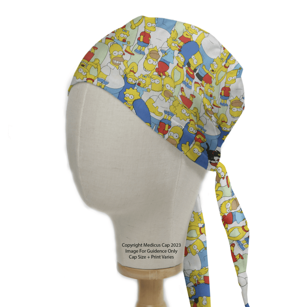 The Medicus Scrub Caps TV Cartoon The Simpsons Family Mashup Crowd Scrub Cap features a colorful, vibrant design with iconic characters, perfect for healthcare professionals.