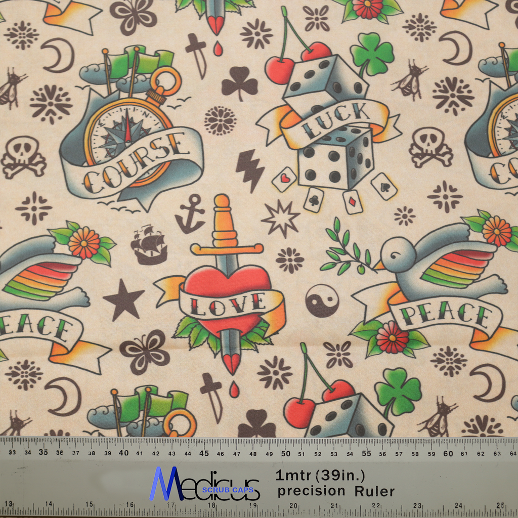 Tattoos #2 Luck Love Scrub Cap from Medicus Scrub Caps, featuring vintage tattoo designs with hearts, dice, swallows, and banners for luck, love, and peace.
