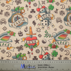 Tattoos #2 Luck Love Scrub Cap from Medicus Scrub Caps, featuring vintage tattoo designs with hearts, dice, swallows, and banners for luck, love, and peace.