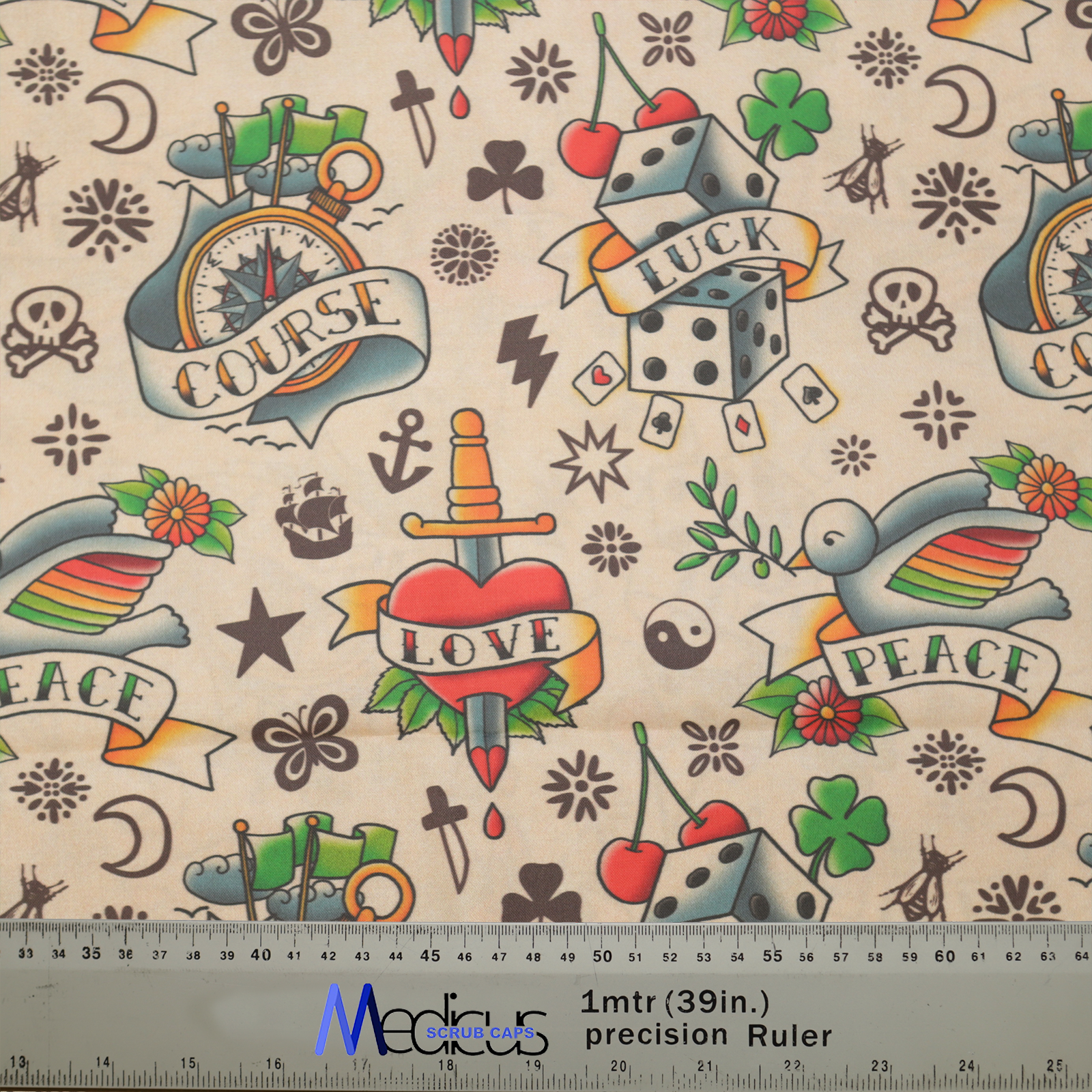 Tattoos #2 Luck Love Scrub Cap from Medicus Scrub Caps, featuring vintage tattoo designs with hearts, dice, swallows, and banners for luck, love, and peace.