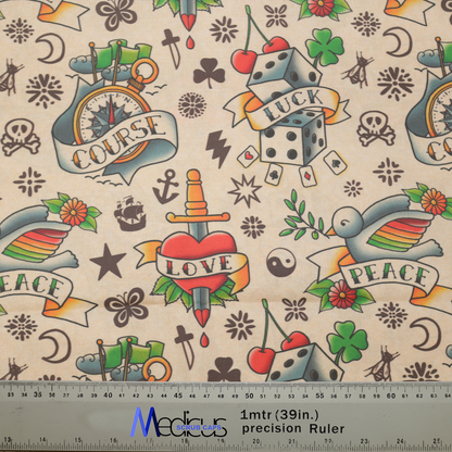 Tattoos #2 Luck Love Scrub Cap from Medicus Scrub Caps, featuring vintage tattoo designs with hearts, dice, swallows, and banners for luck, love, and peace.
